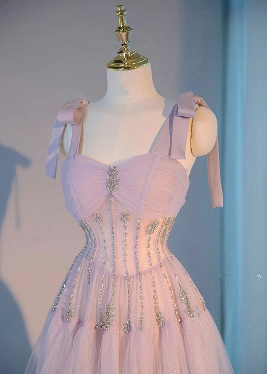 Elegante vestido de noche morado claro con escote en forma de A, tirantes finos y tul, largo, TP1486