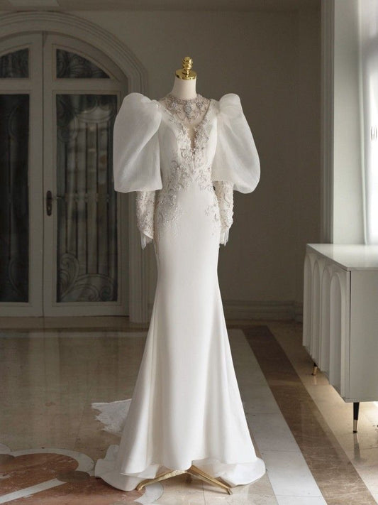 Vestido de noche blanco de sirena con escote en V, mangas abullonadas y satén brillante, largo hasta el suelo, TP1510