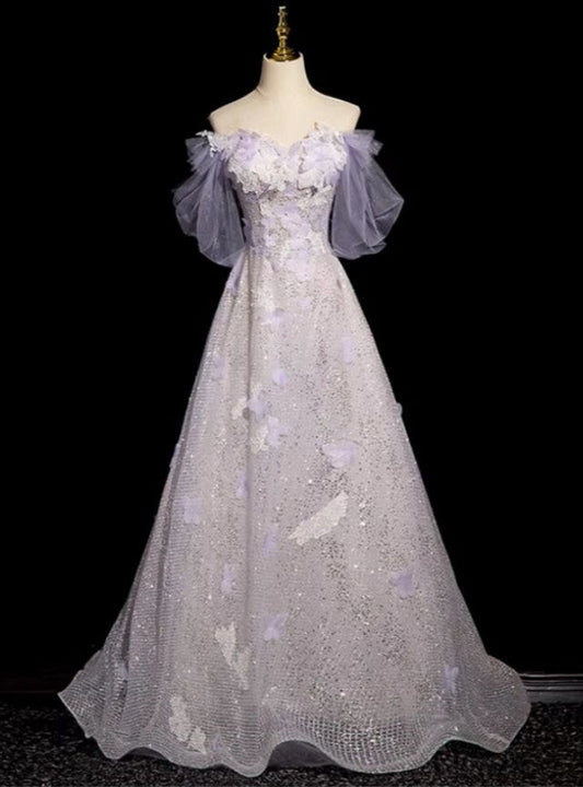 Vestido de fiesta con lentejuelas moradas y hombros descubiertos, TP1519