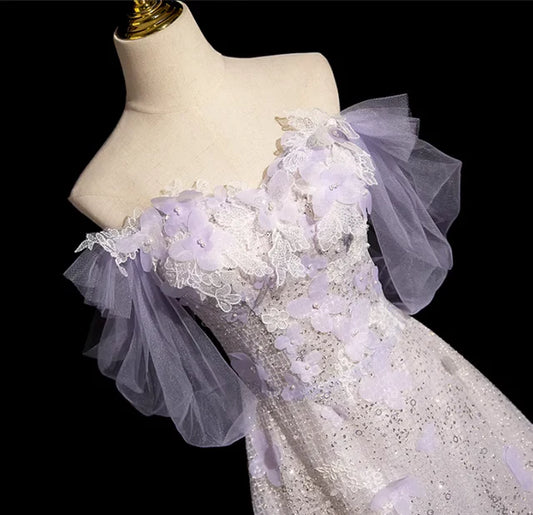Vestido de fiesta con lentejuelas moradas y hombros descubiertos, TP1519
