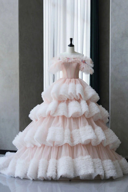 Vestido de fiesta largo de tul rosa con hombros descubiertos, vestido de fiesta para quinceañeras TP1528