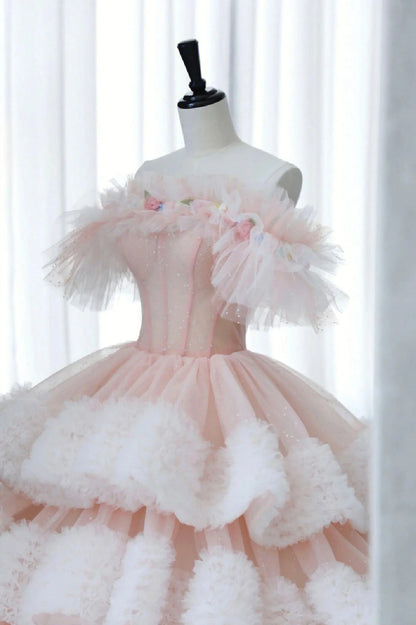 Vestido de fiesta largo de tul rosa con hombros descubiertos, vestido de fiesta para quinceañeras TP1528