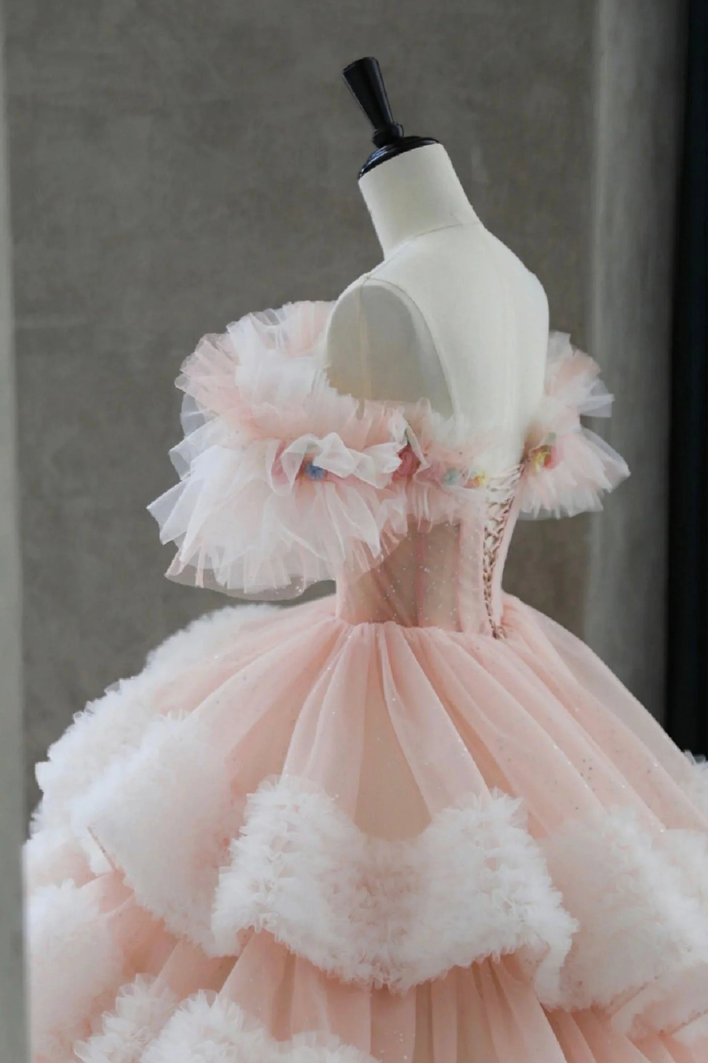 Vestido de fiesta largo de tul rosa con hombros descubiertos, vestido de fiesta para quinceañeras TP1528