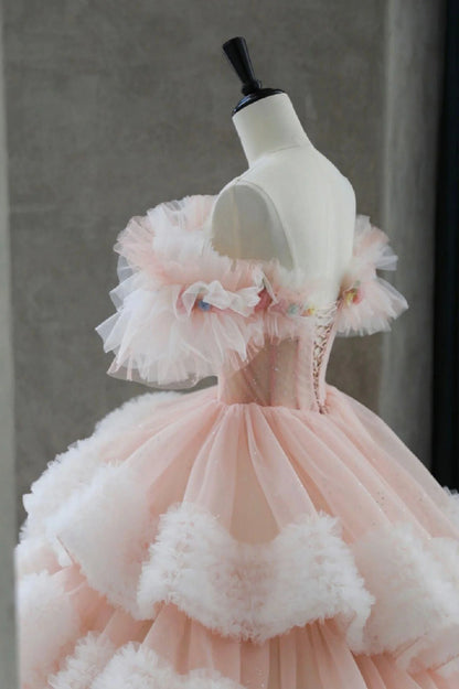 Vestido de fiesta largo de tul rosa con hombros descubiertos, vestido de fiesta para quinceañeras TP1528
