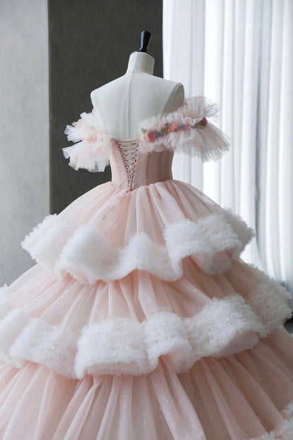 Vestido de fiesta largo de tul rosa con hombros descubiertos, vestido de fiesta para quinceañeras TP1528