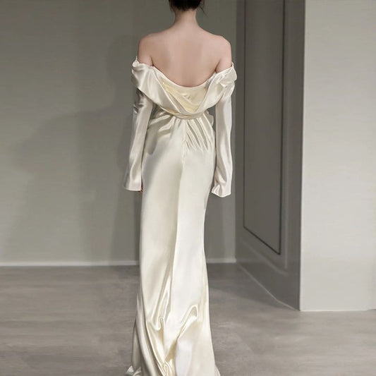 Elegante vestido de fiesta largo de satén blanco con mangas largas TP1538