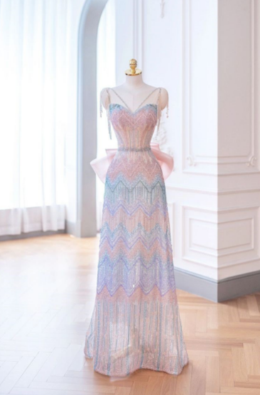 Elegante vestido de fiesta largo, corte A, colorido, geométrico, sin mangas, con lazo de cuentas TP1540