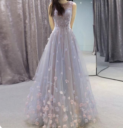 Vestido de fiesta sencillo de tul azul grisáceo con apliques de encaje 3D, corte A, largo, TP1542