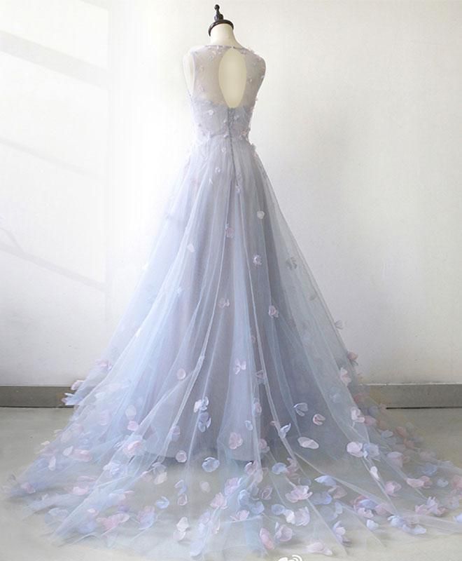 Vestido de fiesta sencillo de tul azul grisáceo con apliques de encaje 3D, corte A, largo, TP1542