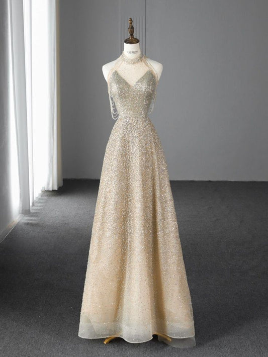 Vestido de fiesta largo de tul con cuentas y escote en A dorado TP1546