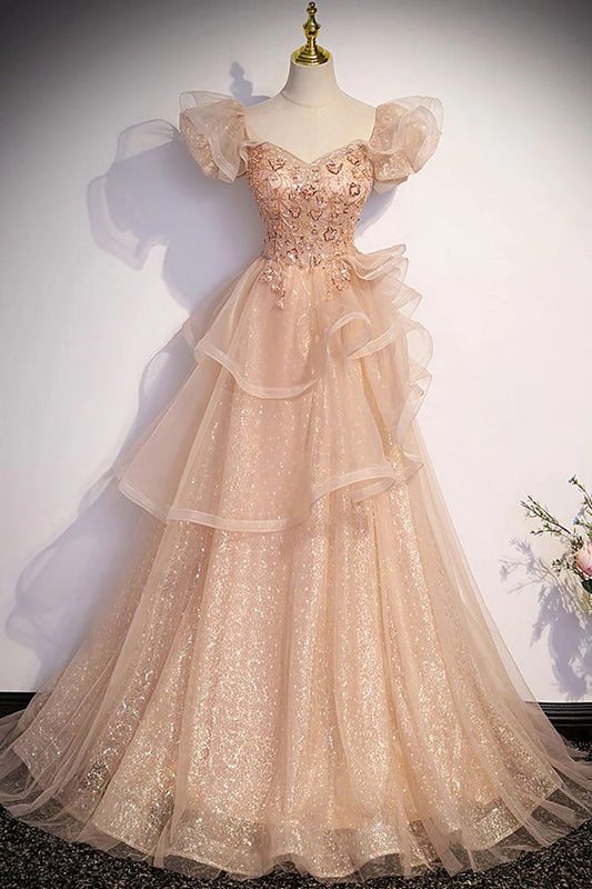 Vestido de fiesta largo de tul brillante con cuentas, corte A, nuevo estilo, vestido de noche brillante TP1547
