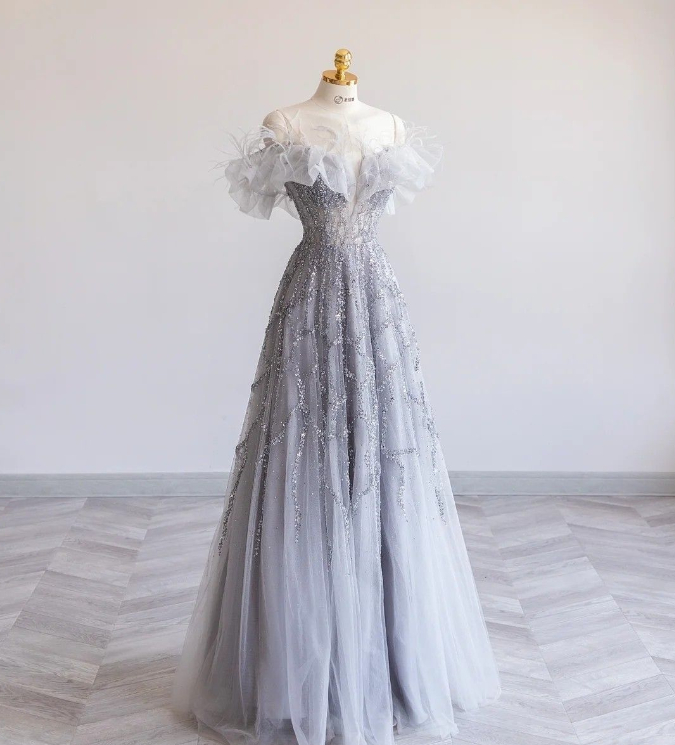Vestido de fiesta largo de tul con lentejuelas, corte en A, gris, sin tirantes, TP1548