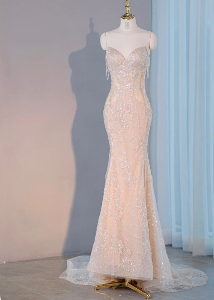 Vestido de fiesta de sirena color champán, sin tirantes, con escote en forma de corazón, de tul con lentejuelas y largo hasta el suelo TP1550