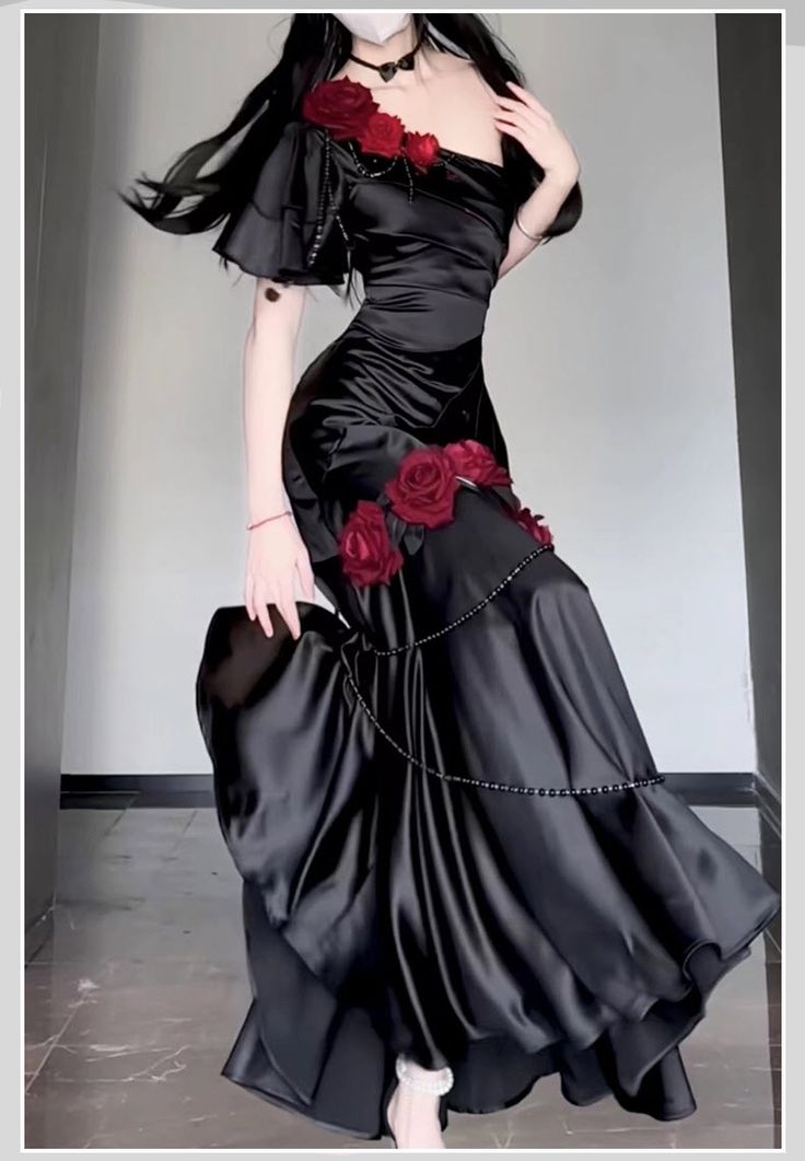 Sexy Black Satin One Shoulder 3D Flower Split Long Prom Dresses TP1561