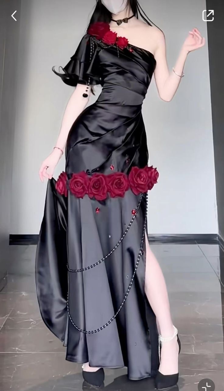 Sexy Black Satin One Shoulder 3D Flower Split Long Prom Dresses TP1561