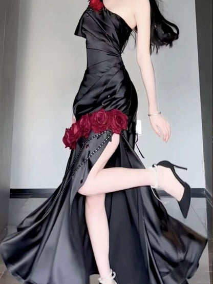 Sexy Black Satin One Shoulder 3D Flower Split Long Prom Dresses TP1561