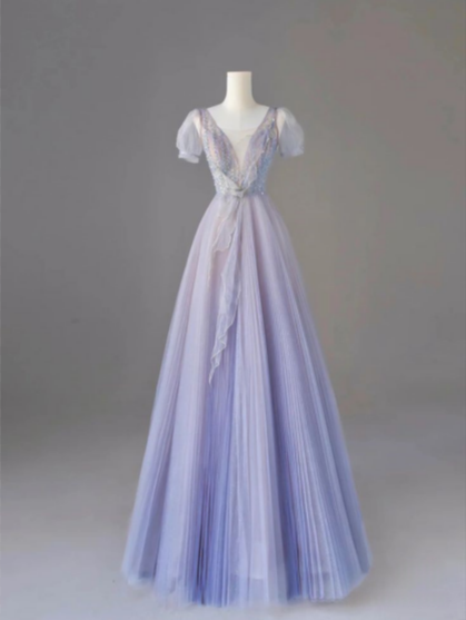 Vestido de fiesta largo de tul con mangas cortas y degradado morado encantador TP1562
