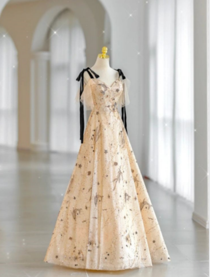 Vestido de fiesta largo con tirantes finos, sin tirantes, corte A, color champán, TP1569