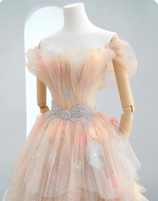 Vestido de fiesta largo de tul en capas, sin tirantes, corte A, color champán, TP1570