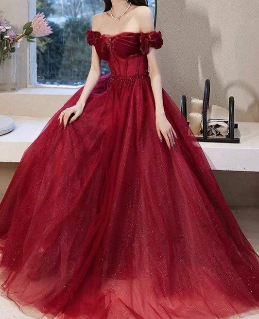 Vestido de fiesta burdeos de corte A, sin tirantes, de tul y lentejuelas, largo hasta el suelo, TP1579