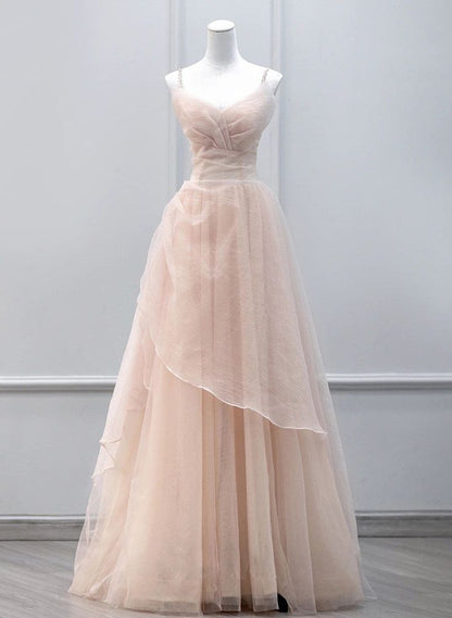 Vestido de fiesta largo de tul con tirantes y cuentas, corte A, TP1595