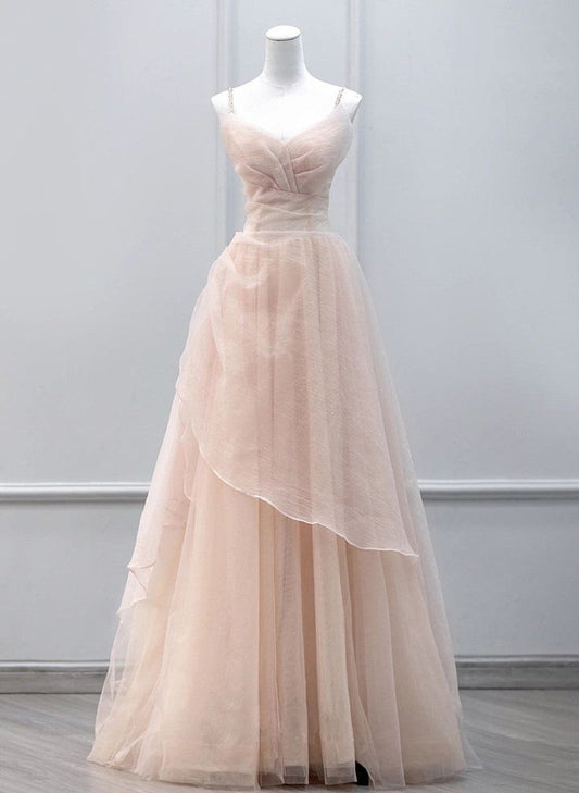Vestido de fiesta largo de tul con tirantes y cuentas, corte A, TP1595