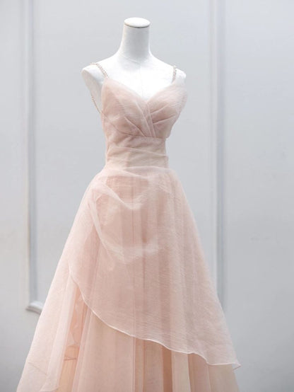 Vestido de fiesta largo de tul con tirantes y cuentas, corte A, TP1595