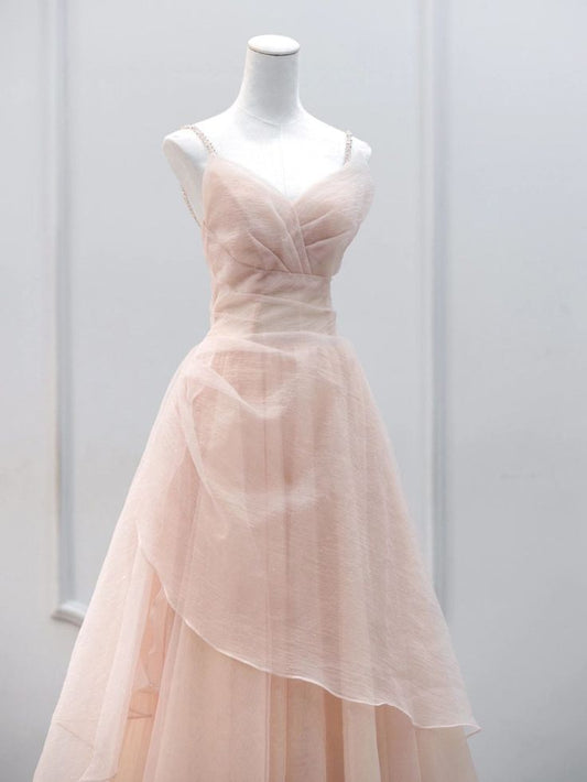 Vestido de fiesta largo de tul con tirantes y cuentas, corte A, TP1595