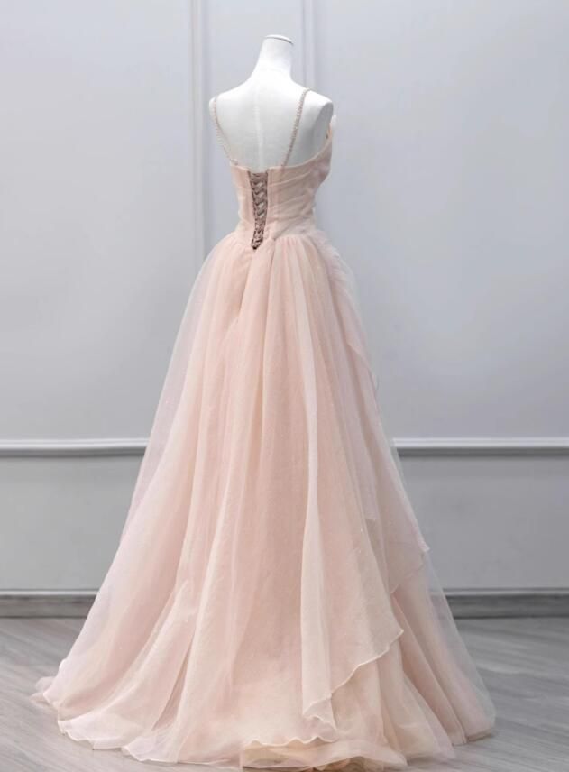 Vestido de fiesta largo de tul con tirantes y cuentas, corte A, TP1595