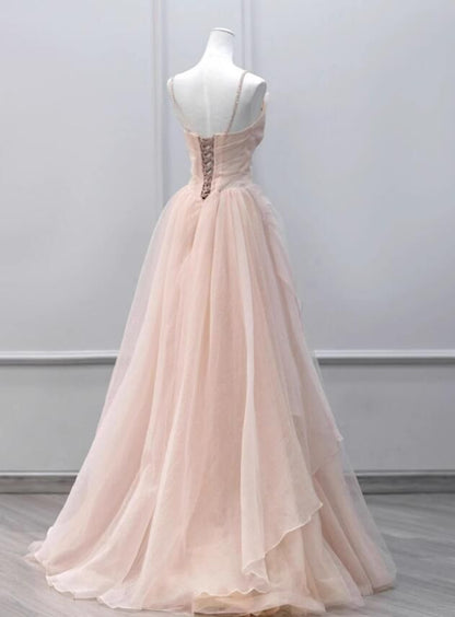 Vestido de fiesta largo de tul con tirantes y cuentas, corte A, TP1595