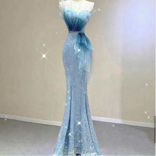 Vestido de fiesta largo con lentejuelas y escote corazón de sirena azul TP1606