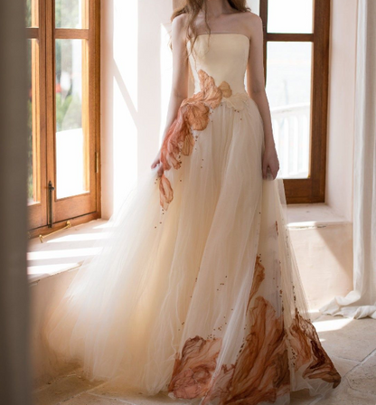 Vestido de fiesta largo de tul sin tirantes, corte A, color champán, TP1608