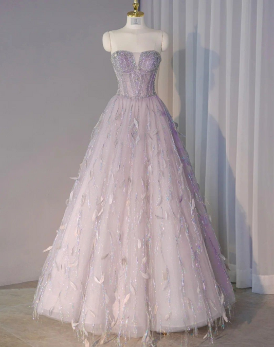 Vestido de fiesta largo de tul con escote corazón, sin tirantes, corte A, color morado, encantador, TP1616