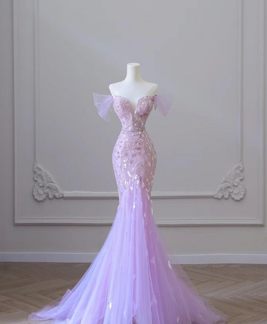 Vestido de fiesta largo hasta el suelo de tul con purpurina y corte sirena sin tirantes, color morado, TP1618