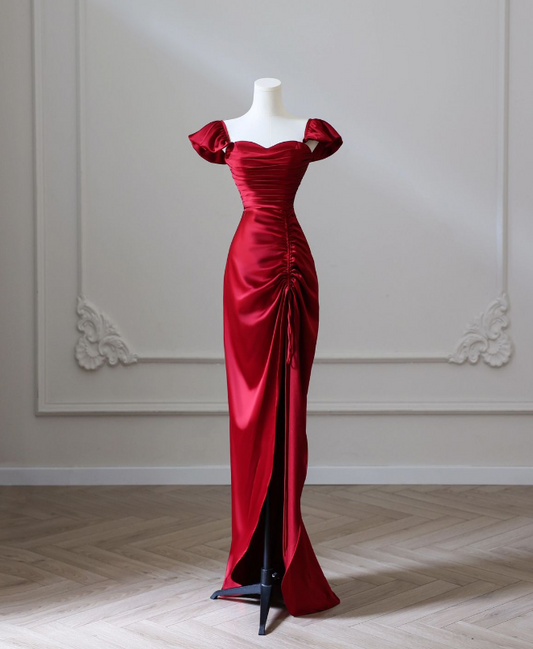 Vestido de fiesta largo de satén rojo, sin mangas, corte sirena, cintura alta, abertura, TP1619