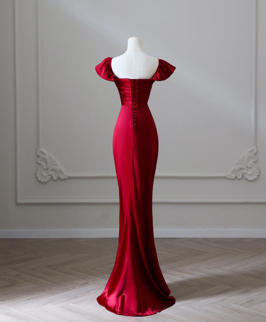 Vestido de fiesta largo de satén rojo, sin mangas, corte sirena, cintura alta, abertura, TP1619