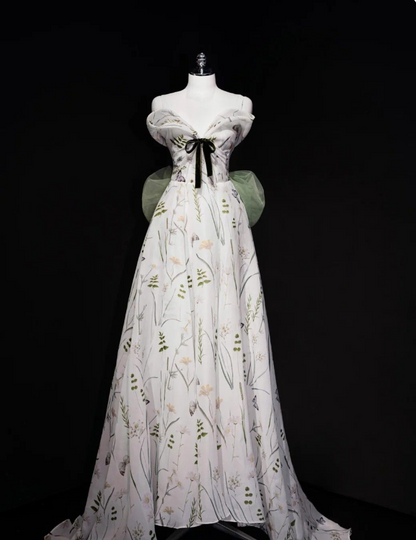 White A-Line Floral Strapless Strapless Bowknot Floor Length Prom Dresses TP1625