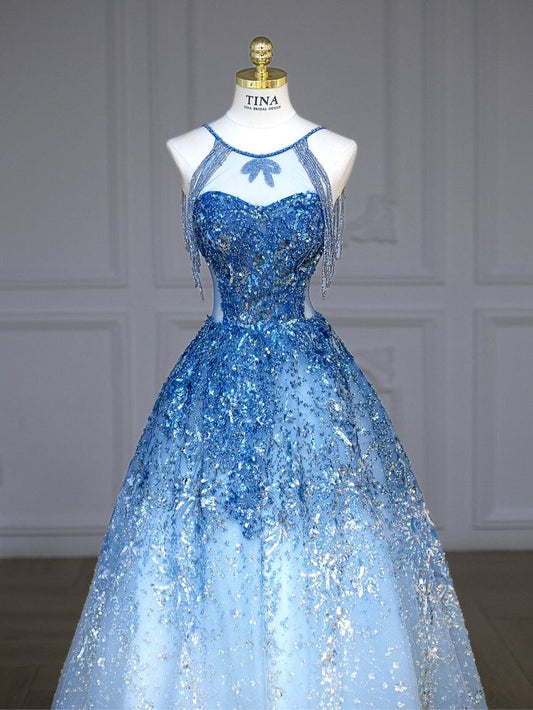 Jewel Blue A-Line Round Neck Sleeveless Sequins Glitter Tulle Long Prom Dresses TP1630