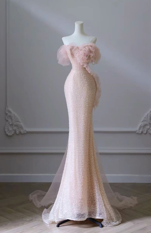 Pink Mermaid Strapless Strapless Beaded Floor Length Prom Dresses TP1634