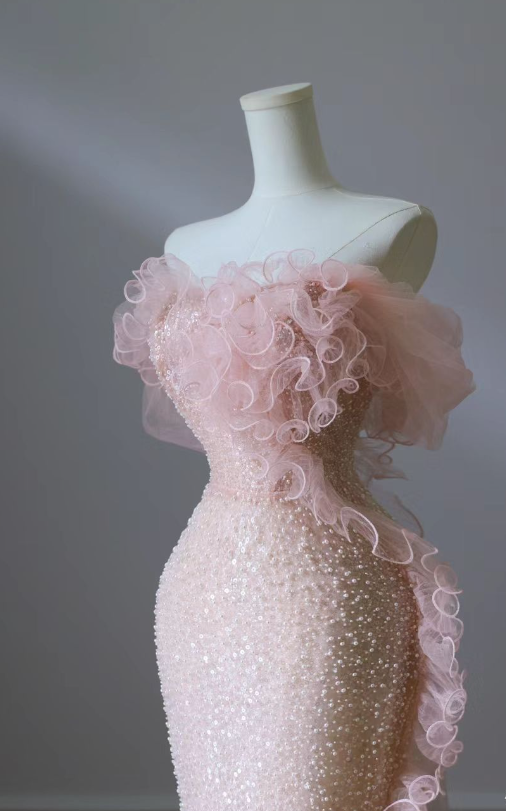 Pink Mermaid Strapless Strapless Beaded Floor Length Prom Dresses TP1634