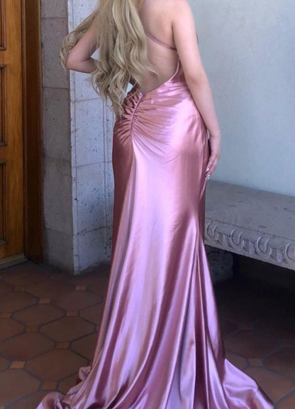 Vestido de fiesta sexy rosa con tirantes finos, escote en V, satén, espalda descubierta y largo hasta el suelo TP1647