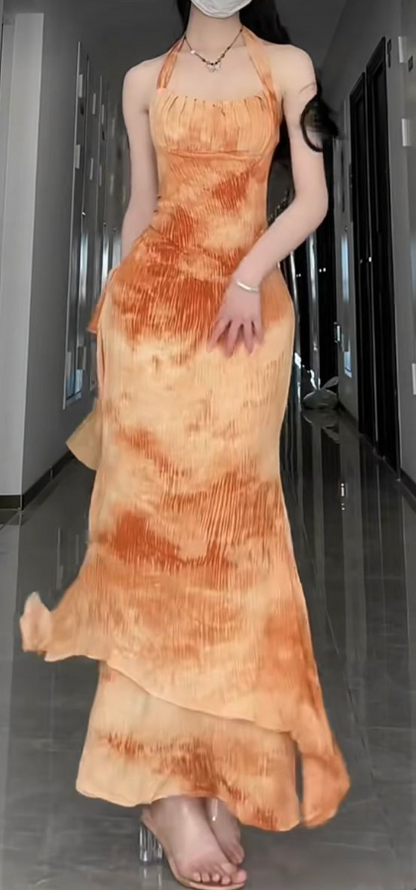 Vestidos de gala naranjas con escote sirena, sin tirantes y hasta los tobillos TP1651