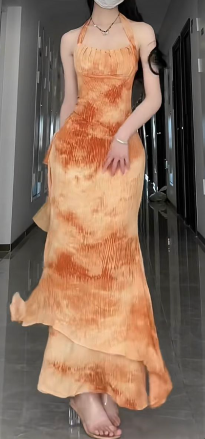 Vestidos de gala naranjas con escote sirena, sin tirantes y hasta los tobillos TP1651