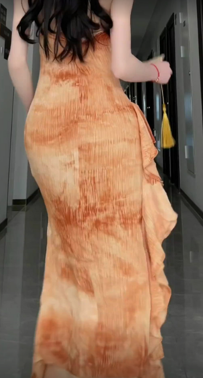 Vestidos de gala naranjas con escote sirena, sin tirantes y hasta los tobillos TP1651