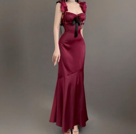 Vestido de fiesta de satén con tirantes finos y corte sirena color burdeos, largo hasta los tobillos, TP1655