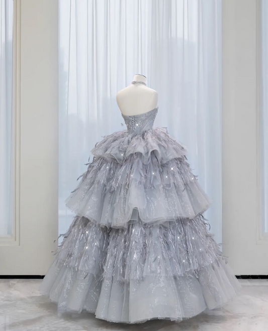 Gray A-Line Sheath Strapless Feather Layered Tulle Long Prom Dresses TP1657