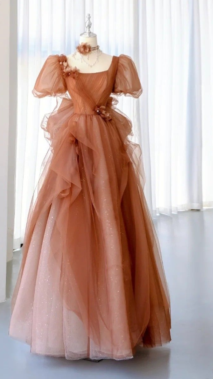 Vestidos de fiesta largos de tul con mangas cortas y corte en A en marrón TP1659