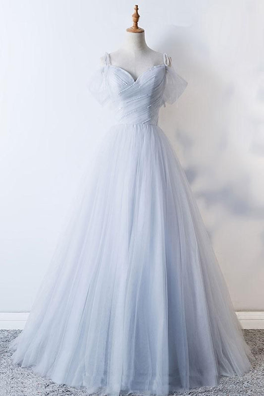 Pale Blue Strapless Spaghetti Strap A-Line Tulle Long Prom Dresses TP1664
