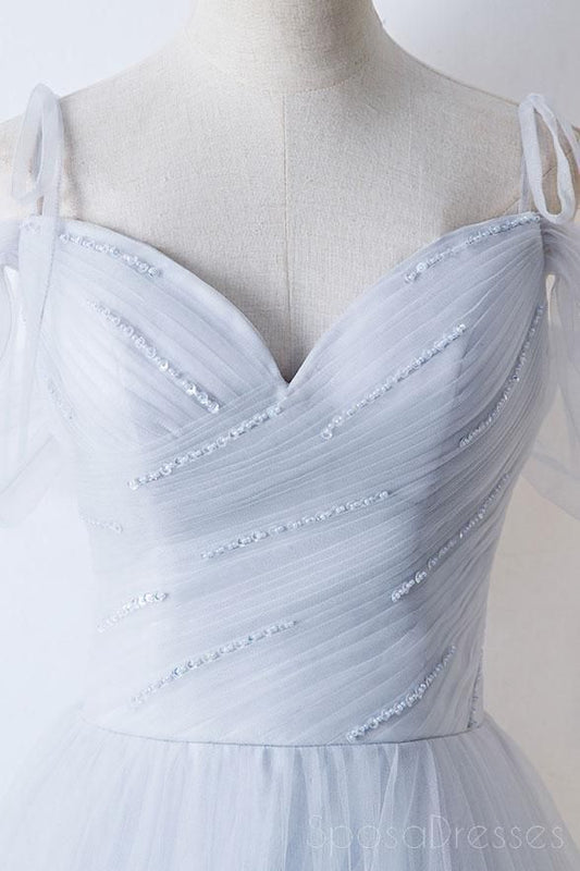 Pale Blue Strapless Spaghetti Strap A-Line Tulle Long Prom Dresses TP1664