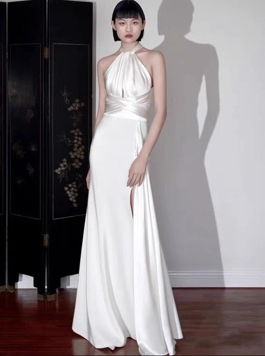 Vestido vintage color marfil con cuello halter, diseño sencillo, corte A, de satén, largo, para noche y graduación, TP1670